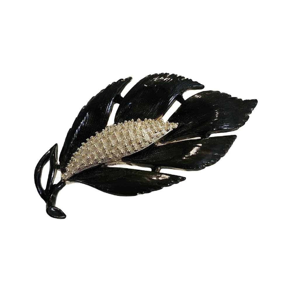 Vintage Lisner Black Enamel Leaf Brooch, 2.75 Long